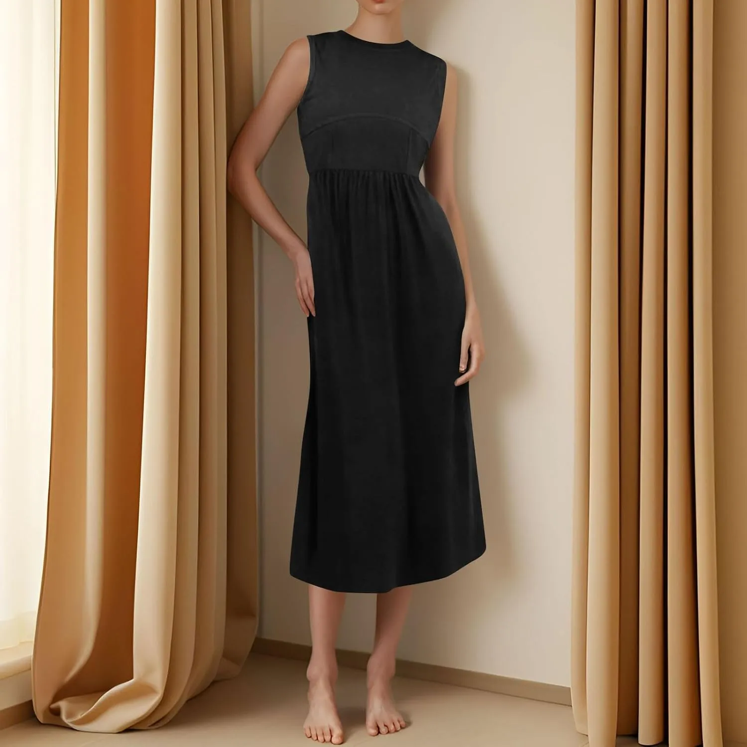 Womens Summer Dresses Casual Sundresses High Waist Midi Dresses Tank Sleeveless Wrap Dress A Line Dress with Pockets