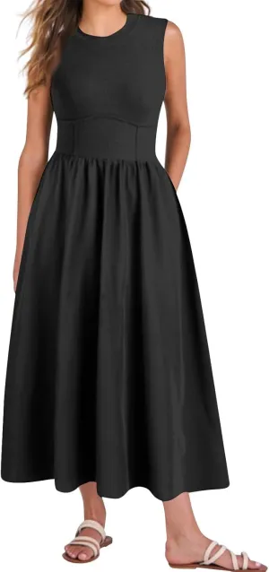 Womens Summer Dresses Casual Sundresses High Waist Midi Dresses Tank Sleeveless Wrap Dress A Line Dress with Pockets