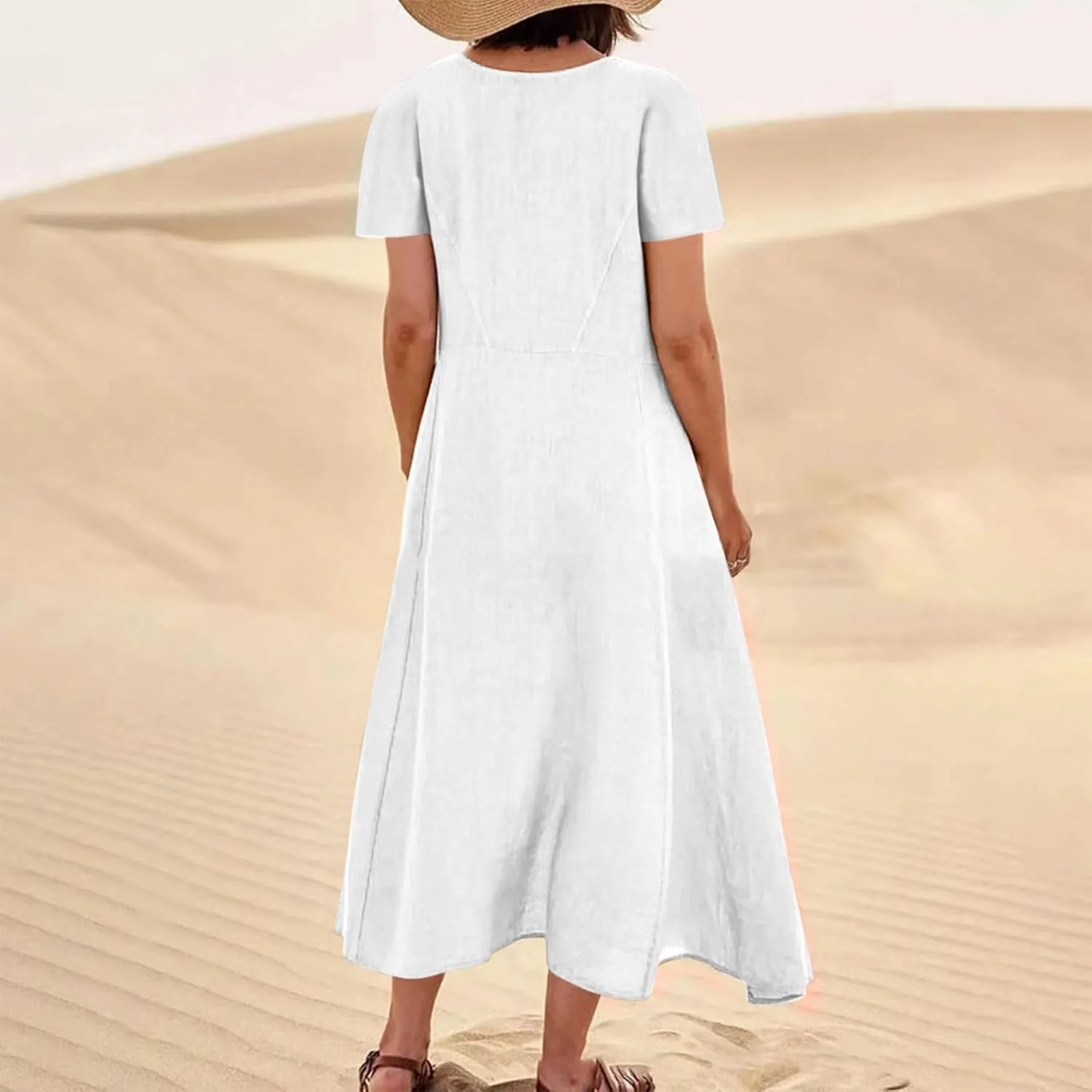 Womens Summer Dresses Cotton Linen Short Sleeve Tshirt Beach Flowy Dresses Casual Loose Solid Sundresses with Pockets