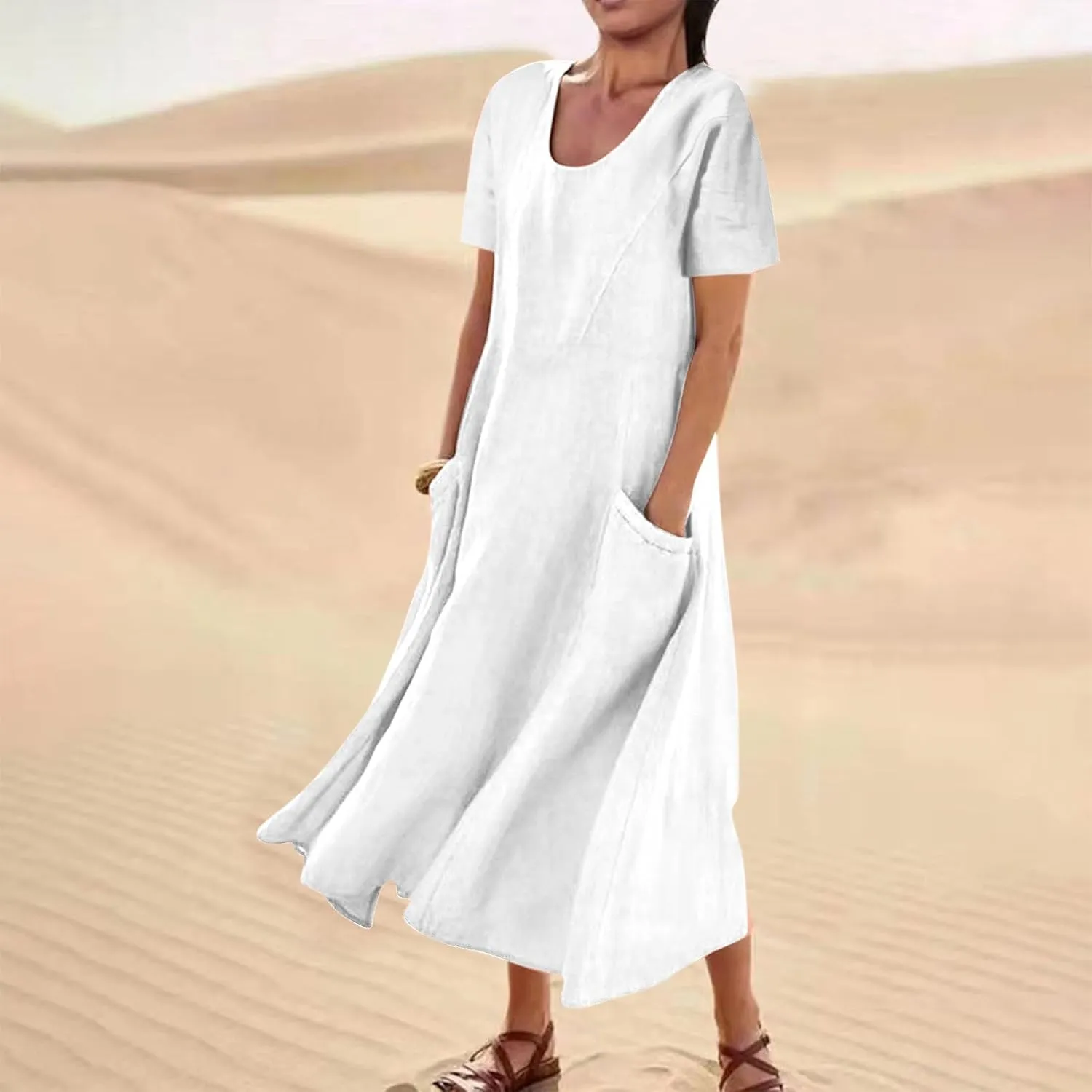 Womens Summer Dresses Cotton Linen Short Sleeve Tshirt Beach Flowy Dresses Casual Loose Solid Sundresses with Pockets