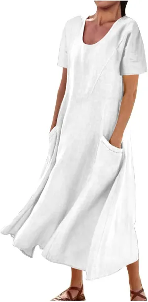 Womens Summer Dresses Cotton Linen Short Sleeve Tshirt Beach Flowy Dresses Casual Loose Solid Sundresses with Pockets