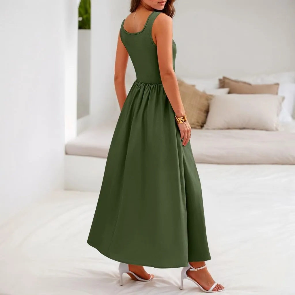 Women's Summer Dresses Sundresses Empire Waist Dresses Tank Dress Sleeveless Wrap Dress Ruched with Pockets