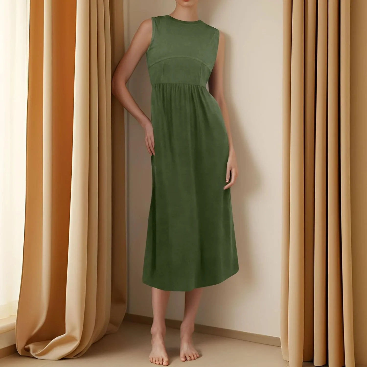 Women's Summer Dresses Sundresses Empire Waist Dresses Tank Dress Sleeveless Wrap Dress Ruched with Pockets
