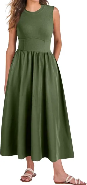 Women's Summer Dresses Sundresses Empire Waist Dresses Tank Dress Sleeveless Wrap Dress Ruched with Pockets