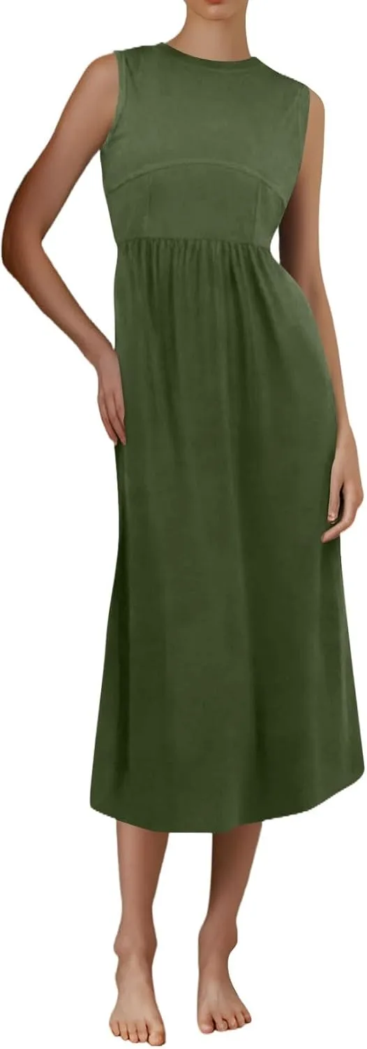 Women's Summer Dresses Sundresses Empire Waist Dresses Tank Dress Sleeveless Wrap Dress Ruched with Pockets
