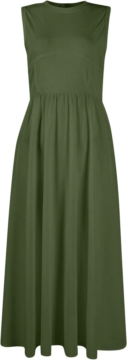 Women's Summer Dresses Sundresses Empire Waist Dresses Tank Dress Sleeveless Wrap Dress Ruched with Pockets