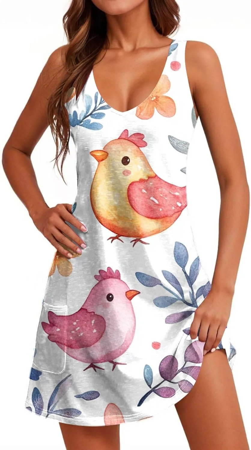 Women's Summer Dresses V Neck Casual Sundress 2025 Beach Swimsuit Coverup Vacation Sleeveless Dress with Pocket