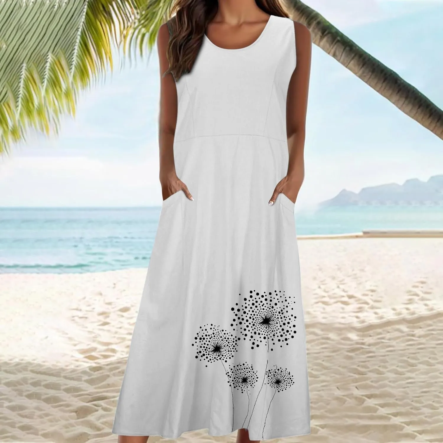 Womens Summer Linen Dresses Casual Floral Dresses Loose Fit Maxi Dresses Trendy Summer Beach Clothes with Pocket