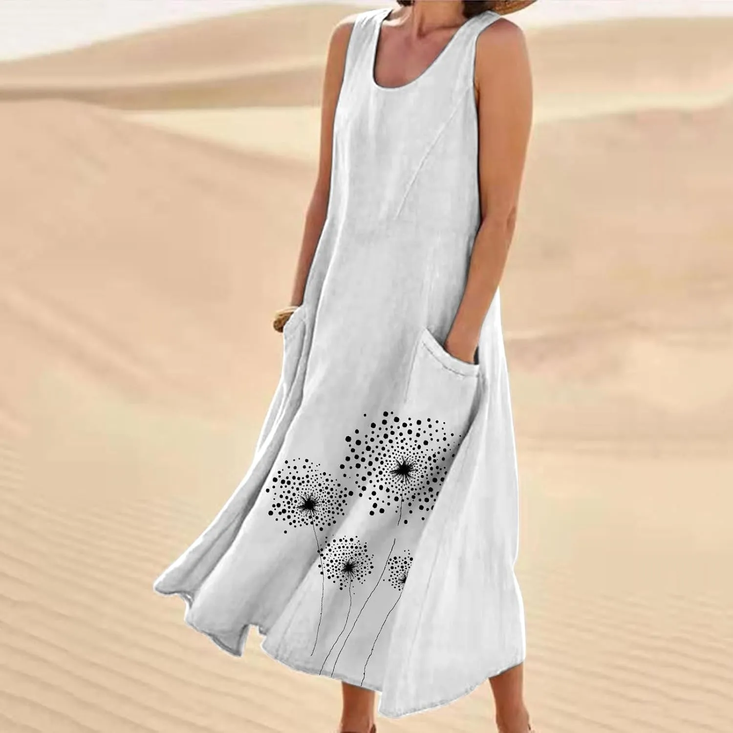 Womens Summer Linen Dresses Casual Floral Dresses Loose Fit Maxi Dresses Trendy Summer Beach Clothes with Pocket