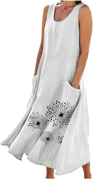 Womens Summer Linen Dresses Casual Floral Dresses Loose Fit Maxi Dresses Trendy Summer Beach Clothes with Pocket