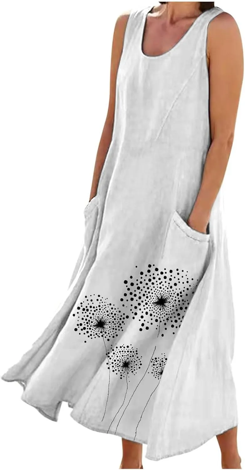 Womens Summer Linen Dresses Casual Floral Dresses Loose Fit Maxi Dresses Trendy Summer Beach Clothes with Pocket