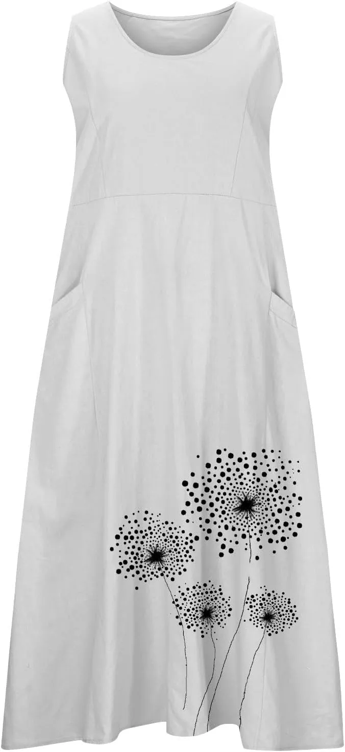 Womens Summer Linen Dresses Casual Floral Dresses Loose Fit Maxi Dresses Trendy Summer Beach Clothes with Pocket