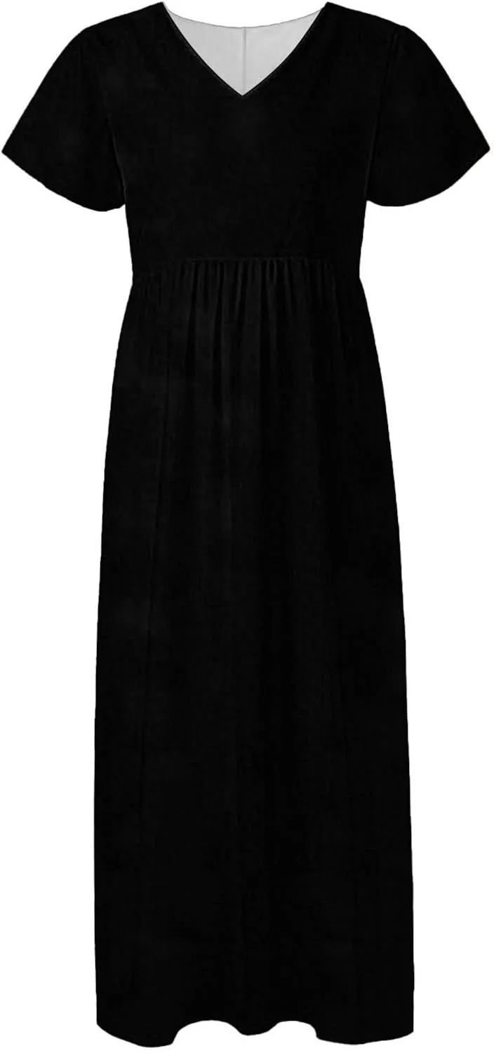 Women's Summer Long Dress Short Sleeve V-Neck Boho Floral Printed Flowy Swing Sundress Wedding Guest Loose Dresses