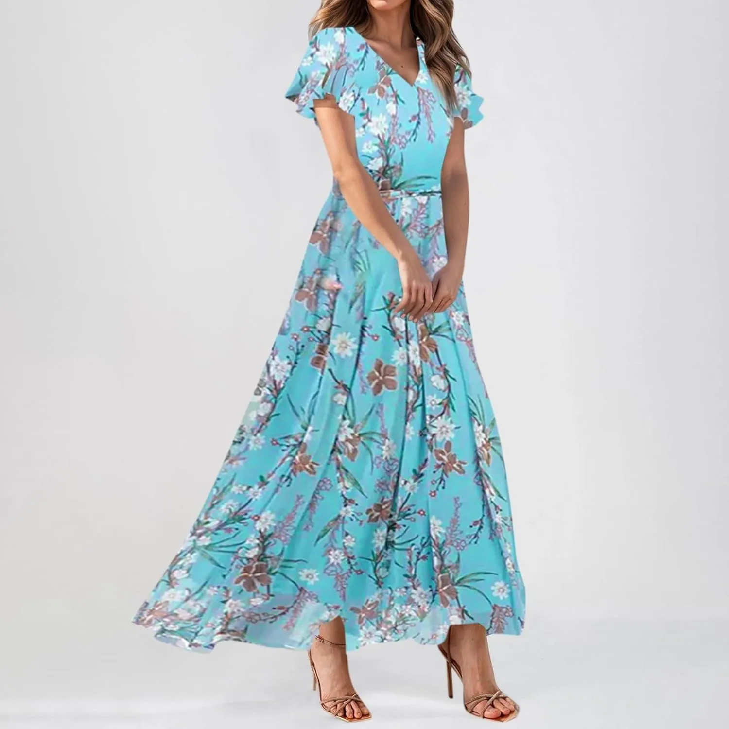 Women's Summer Long Dress Short Sleeve V-Neck Boho Floral Printed Flowy Swing Sundress Wedding Guest Loose Dresses