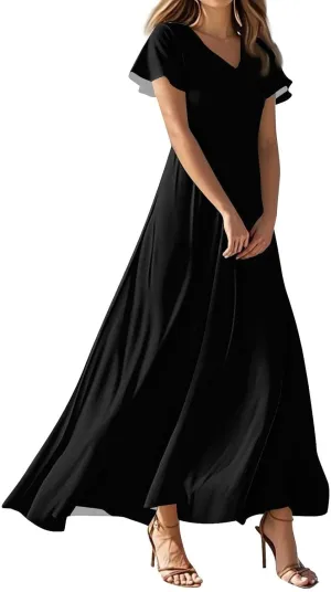 Women's Summer Long Dress Short Sleeve V-Neck Boho Floral Printed Flowy Swing Sundress Wedding Guest Loose Dresses