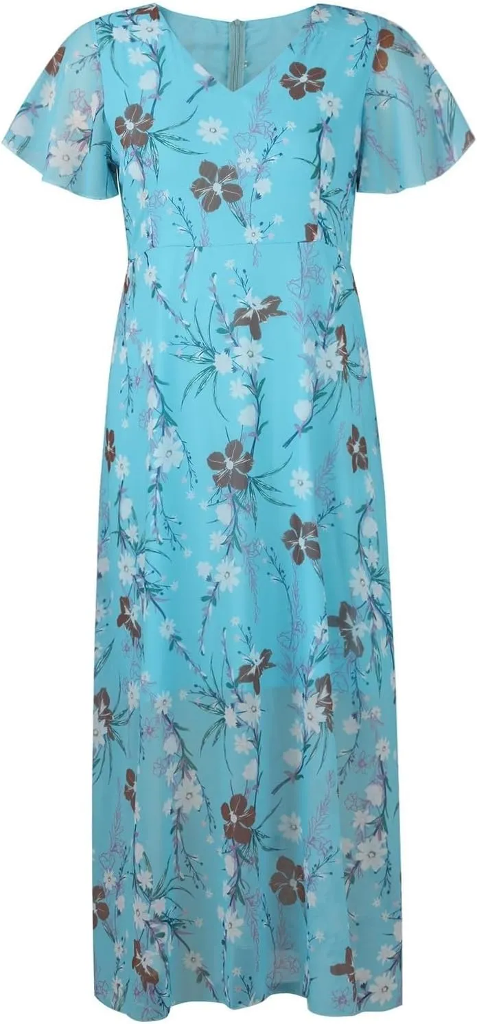 Women's Summer Long Dress Short Sleeve V-Neck Boho Floral Printed Flowy Swing Sundress Wedding Guest Loose Dresses