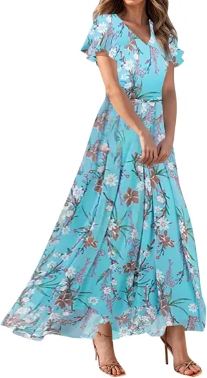 Women's Summer Long Dress Short Sleeve V-Neck Boho Floral Printed Flowy Swing Sundress Wedding Guest Loose Dresses