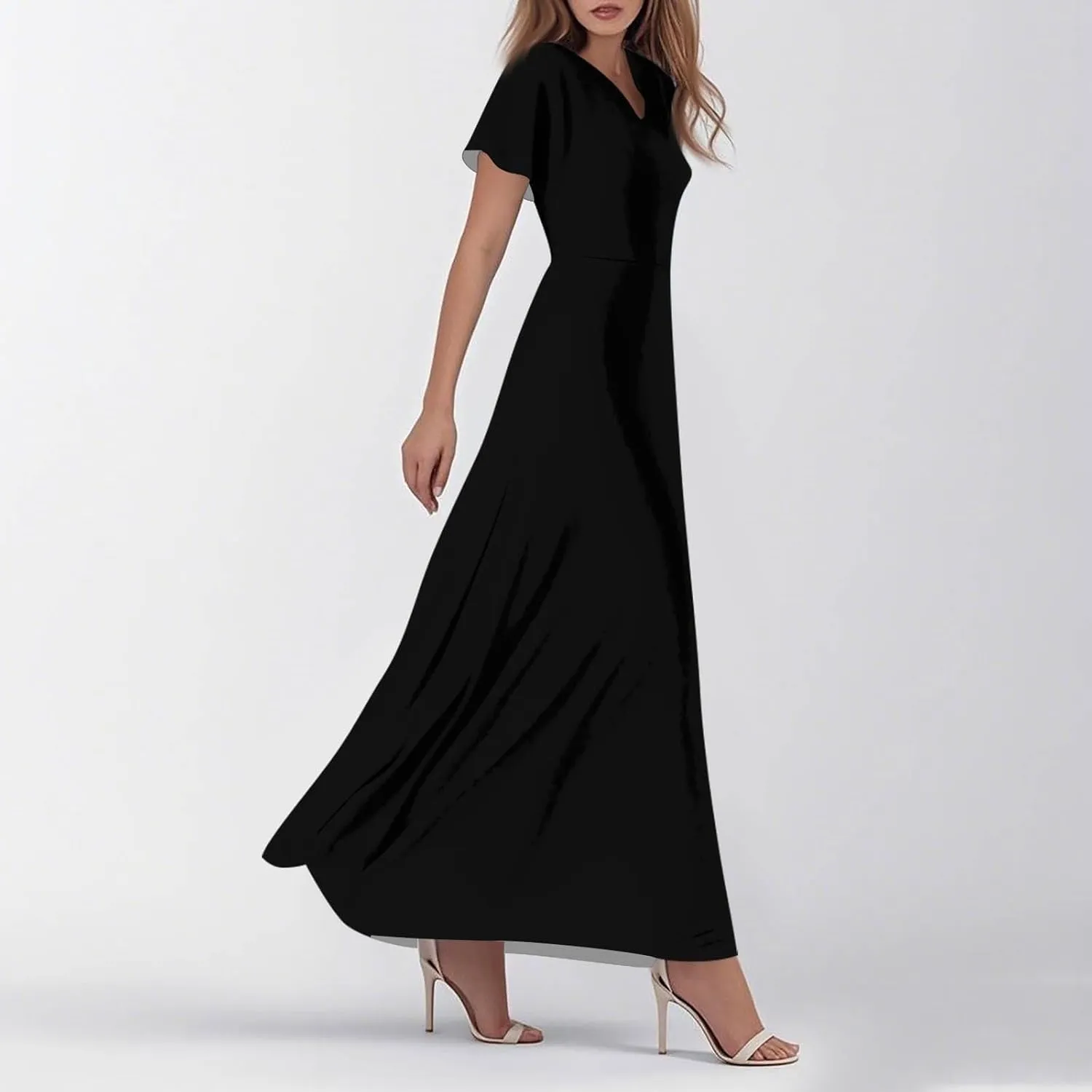 Women's Summer Long Dress Short Sleeve V-Neck Boho Floral Printed Flowy Swing Sundress Wedding Guest Loose Dresses