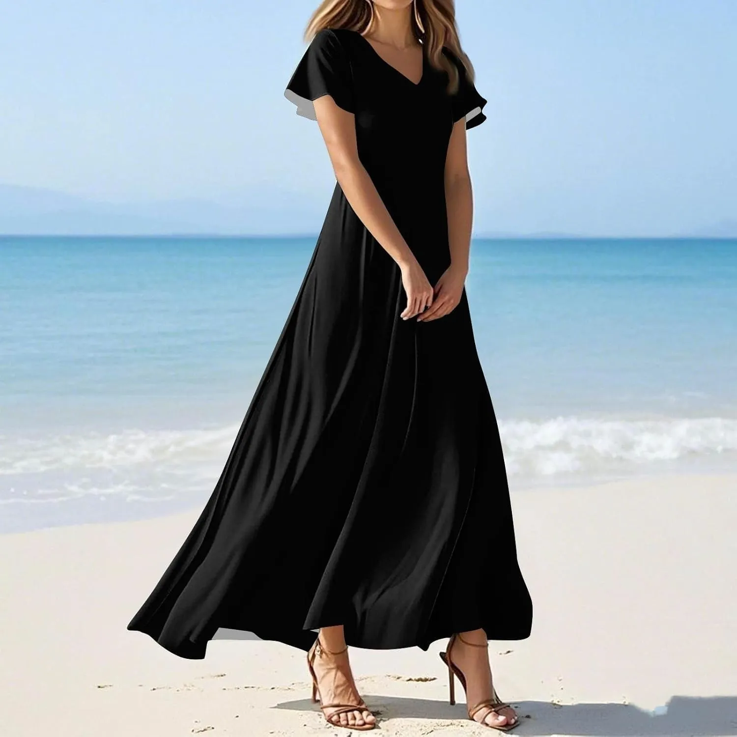 Women's Summer Long Dress Short Sleeve V-Neck Boho Floral Printed Flowy Swing Sundress Wedding Guest Loose Dresses