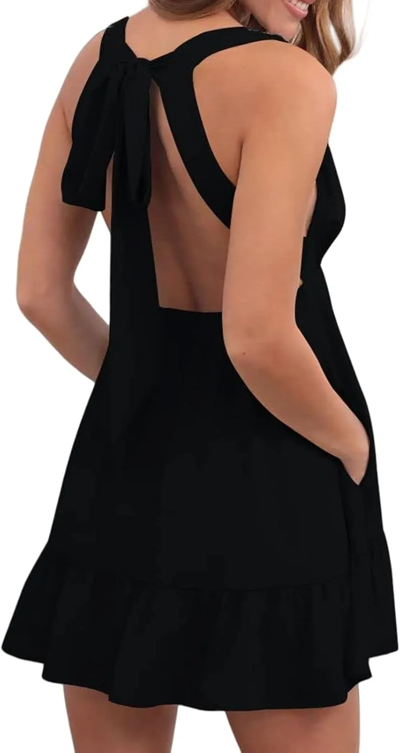 Womens Summer Loose Ruffle Deep V Neck Halter Backless Sleeveless Strap Solid Casual Short Mini Dress Sexy Skater