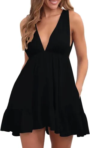 Womens Summer Loose Ruffle Deep V Neck Halter Backless Sleeveless Strap Solid Casual Short Mini Dress Sexy Skater