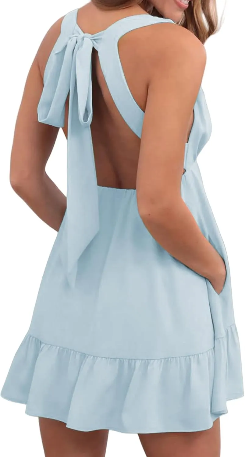 Womens Summer Loose Ruffle Deep V Neck Halter Backless Sleeveless Strap Solid Casual Short Mini Dress Sexy Skater