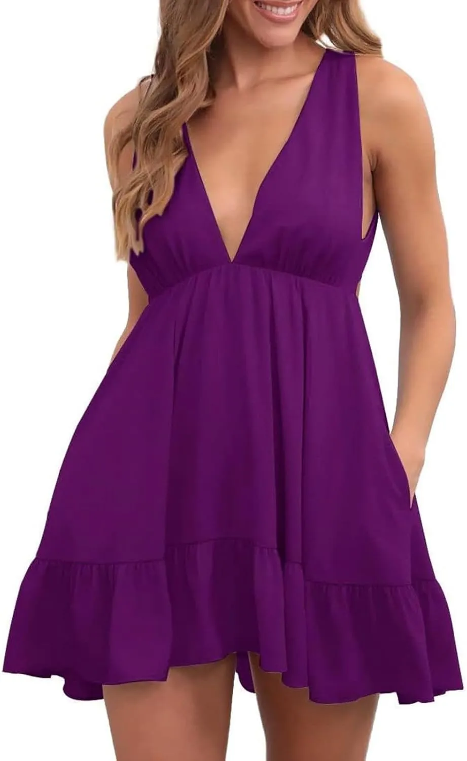 Womens Summer Loose Ruffle Deep V Neck Halter Backless Sleeveless Strap Solid Casual Short Mini Dress Sexy Skater