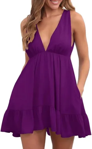 Womens Summer Loose Ruffle Deep V Neck Halter Backless Sleeveless Strap Solid Casual Short Mini Dress Sexy Skater