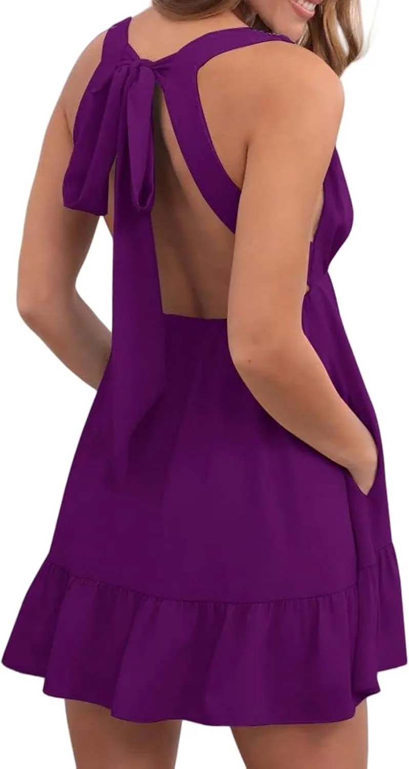 Womens Summer Loose Ruffle Deep V Neck Halter Backless Sleeveless Strap Solid Casual Short Mini Dress Sexy Skater