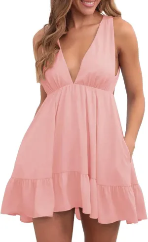 Womens Summer Loose Ruffle Deep V Neck Halter Backless Sleeveless Strap Solid Casual Short Mini Dress Sexy Skater