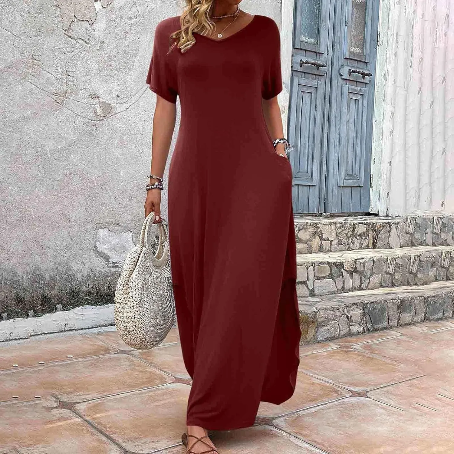 Women's Summer Maxi Dress Short Sleeve V Neck Casual Loose Long Beach Split Dresses with Pockets