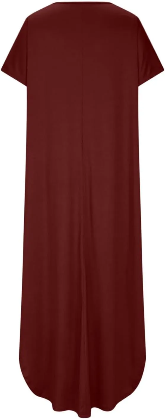 Women's Summer Maxi Dress Short Sleeve V Neck Casual Loose Long Beach Split Dresses with Pockets