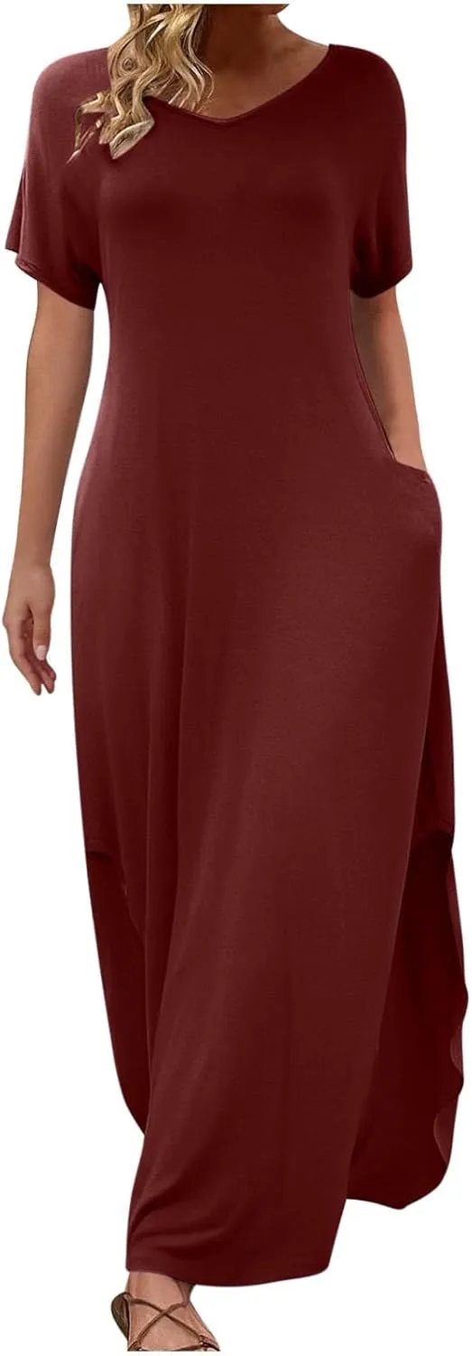Women's Summer Maxi Dress Short Sleeve V Neck Casual Loose Long Beach Split Dresses with Pockets