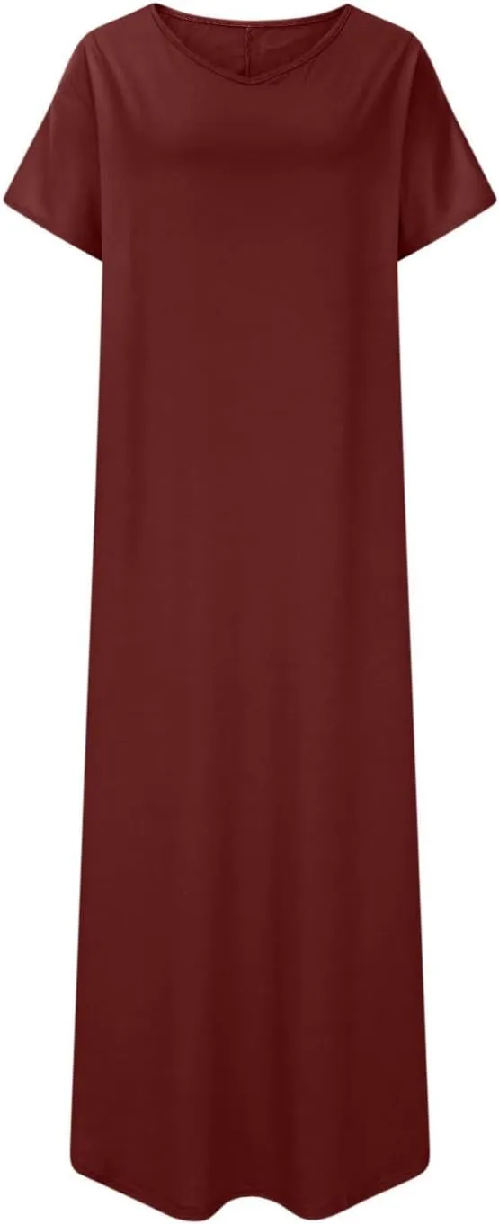 Women's Summer Maxi Dress Short Sleeve V Neck Casual Loose Long Beach Split Dresses with Pockets