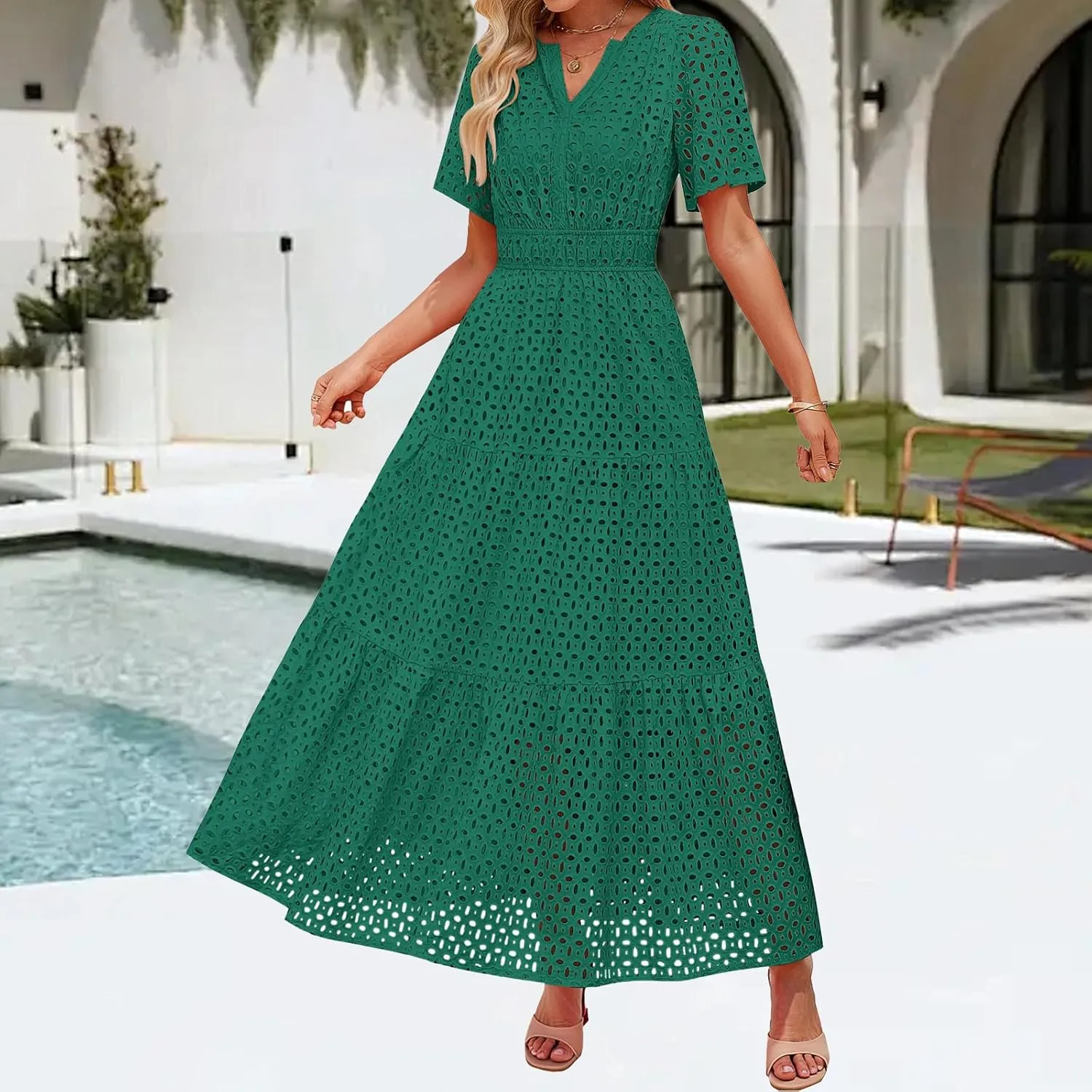 Womens Summer Short Sleeve V Neck Hollow Out Eyelet Ruffle Swing A Line Flowy Maxi Long Dress for Beach Vacation