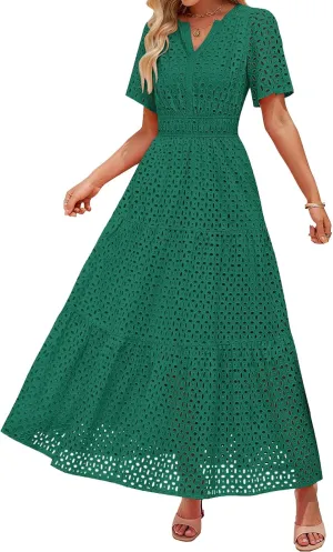 Womens Summer Short Sleeve V Neck Hollow Out Eyelet Ruffle Swing A Line Flowy Maxi Long Dress for Beach Vacation