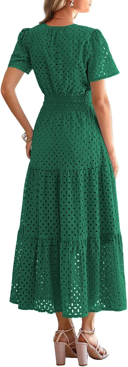 Womens Summer Short Sleeve V Neck Hollow Out Eyelet Ruffle Swing A Line Flowy Maxi Long Dress for Beach Vacation