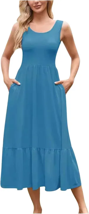 Womens Summer Sleeveless Maxi Dresses Fit & Flare Flowy Tiered Sundress 2025 Beach Vacation A Line Dress with Pockets