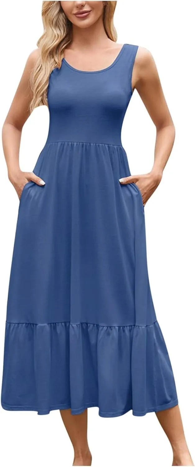 Womens Summer Sleeveless Maxi Dresses Fit & Flare Flowy Tiered Sundress 2025 Beach Vacation A Line Dress with Pockets