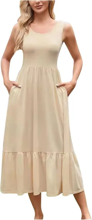 Womens Summer Sleeveless Maxi Dresses Fit & Flare Flowy Tiered Sundress 2025 Beach Vacation A Line Dress with Pockets