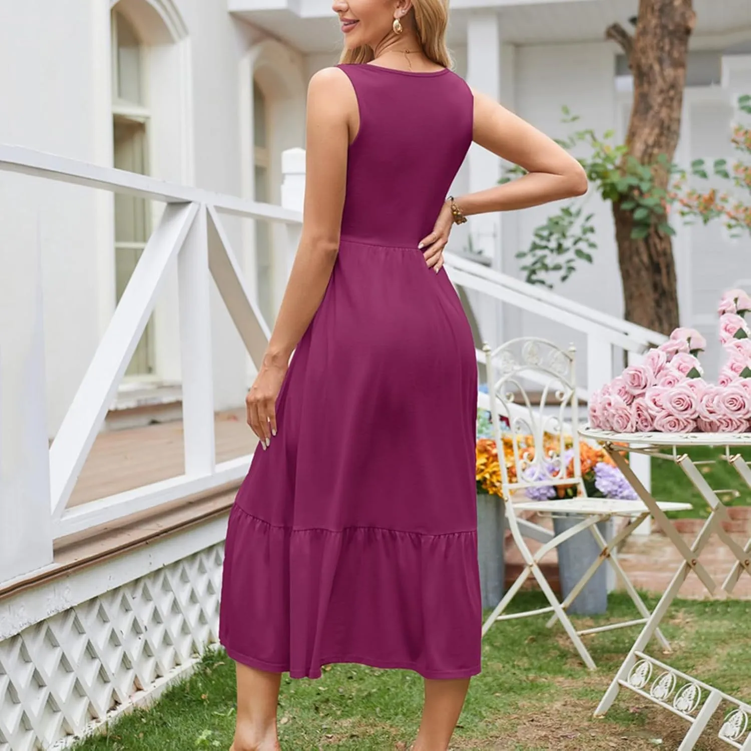 Womens Summer Sleeveless Maxi Dresses Fit & Flare Flowy Tiered Sundress 2025 Beach Vacation A Line Dress with Pockets