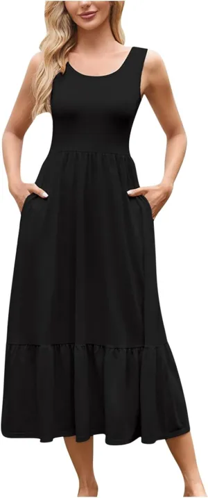Womens Summer Sleeveless Maxi Dresses Fit & Flare Flowy Tiered Sundress 2025 Beach Vacation A Line Dress with Pockets