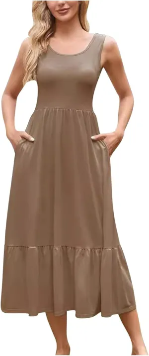 Womens Summer Sleeveless Maxi Dresses Fit & Flare Flowy Tiered Sundress 2025 Beach Vacation A Line Dress with Pockets