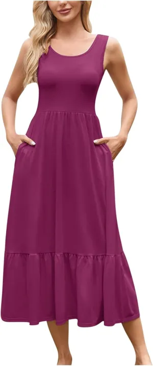 Womens Summer Sleeveless Maxi Dresses Fit & Flare Flowy Tiered Sundress 2025 Beach Vacation A Line Dress with Pockets