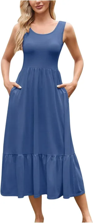 Womens Summer Sleeveless Maxi Dresses Fit & Flare Flowy Tiered Sundress 2025 Beach Vacation A Line Dress with Pockets