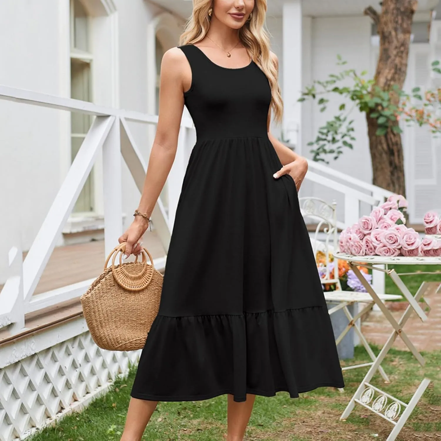 Womens Summer Sleeveless Maxi Dresses Fit & Flare Flowy Tiered Sundress 2025 Beach Vacation A Line Dress with Pockets