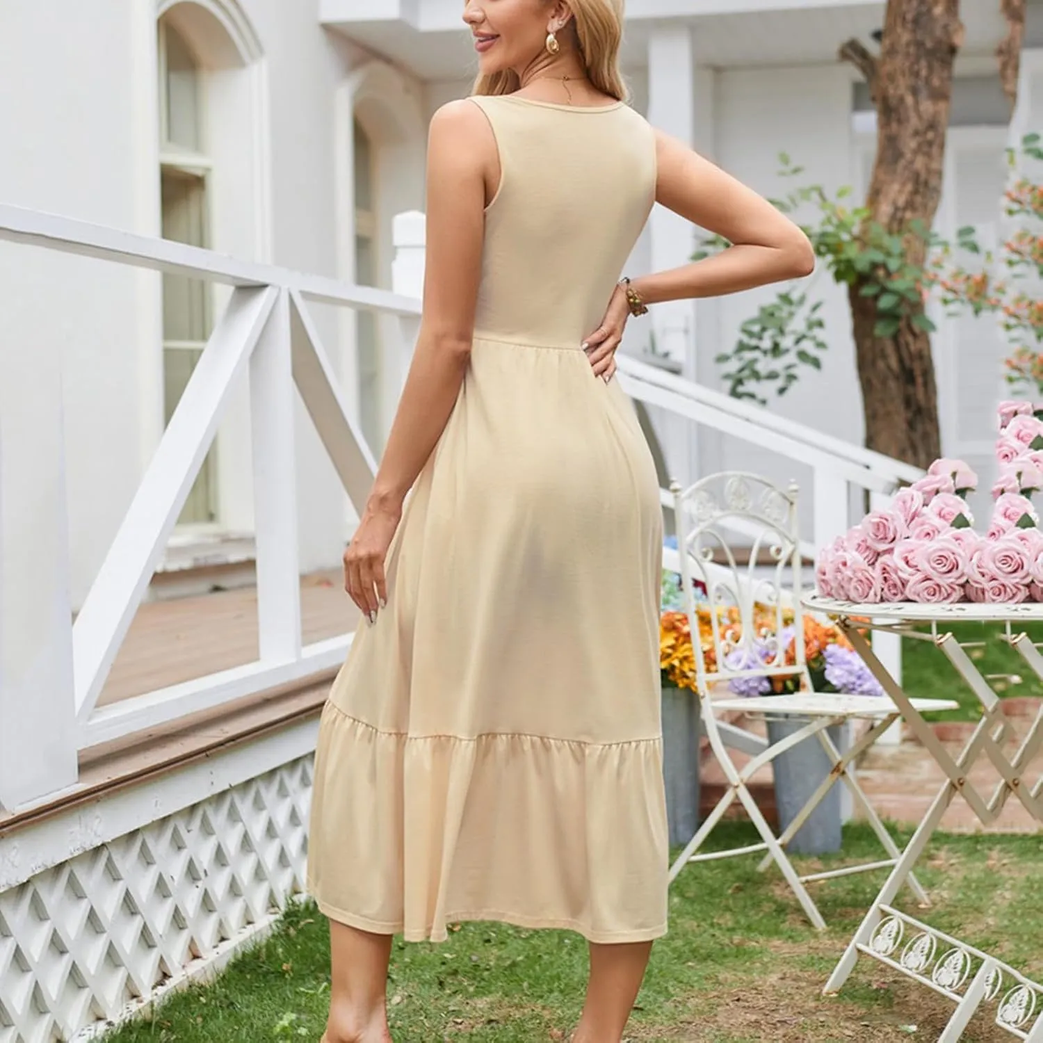 Womens Summer Sleeveless Maxi Dresses Fit & Flare Flowy Tiered Sundress 2025 Beach Vacation A Line Dress with Pockets