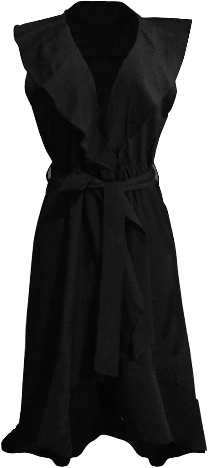 Women's Summer Wrap V Neck Split Party Dress Ruffle Short Sleeve Midi Dresses with Belt Boho Beach Long Dresses