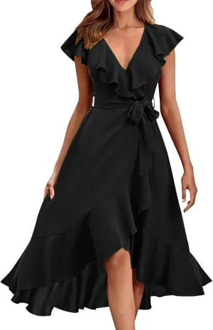 Women's Summer Wrap V Neck Split Party Dress Ruffle Short Sleeve Midi Dresses with Belt Boho Beach Long Dresses
