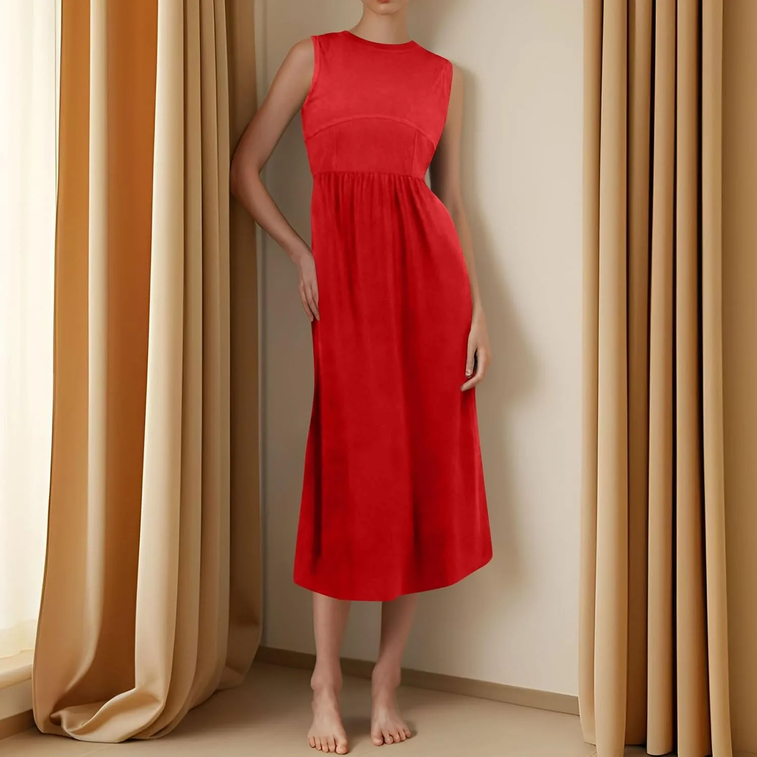 Womens Sundress Tank Top Summer Boho Dress Pleated Wrap Dress Plus Size Sleeveless Western Ruched Dresses with Pockets